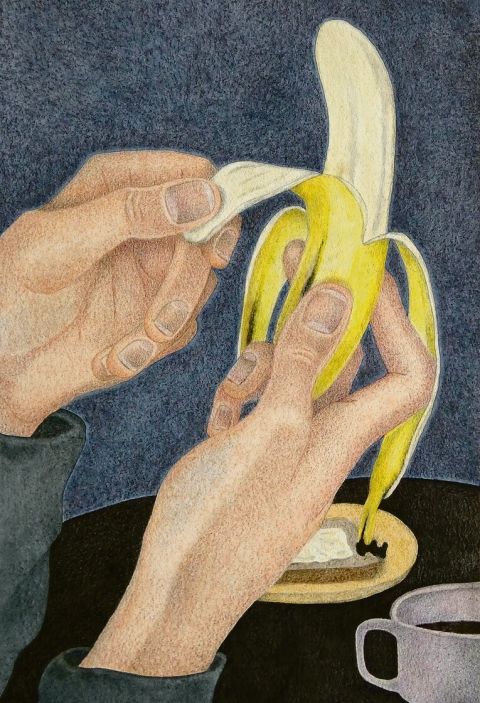 Maeve van Klaveren, Banana Peel, 2023, Aquarellfarben, Pastellfarben, Pastellstifte und Zeichenkohle auf Papier, 19,5 × 28,5 cm