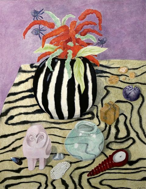 Maeve van Klaveren, New Artifacts, 2024, Aquarellfarben, Pastellfarben, Pastellstifte und Zeichenkohle auf Papier, 65 × 50 cm