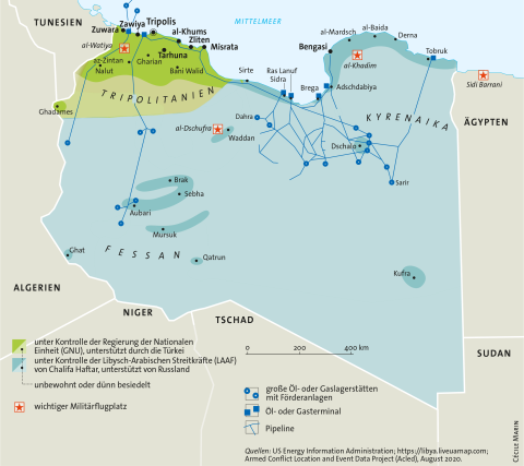 Karte von Libyen: Militärflugplätze, Öl und Gas, Städte, kontrollierte Gebiete
