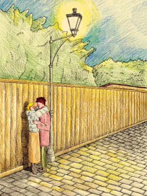 Illustration von Giulia Spagnulo: zwei Menschen stehen an einer Strassenlaterne und umarmen sich