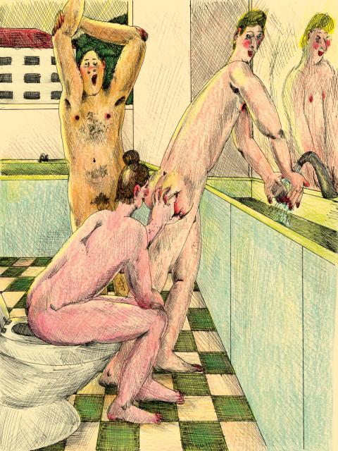 Illustration von Giulia Spagnulo: drei Menschen im Bad berühren sich gegenseitig