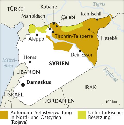 Karte von Syrien und umliegenden Ländern mit Gebieten unter kurdischer autonomer Selbstverwaltung und türkischer Besetzung