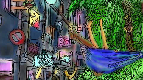 Illustration: utopische Vision eines umweltfreundlichen und begrünten Stadtlebens