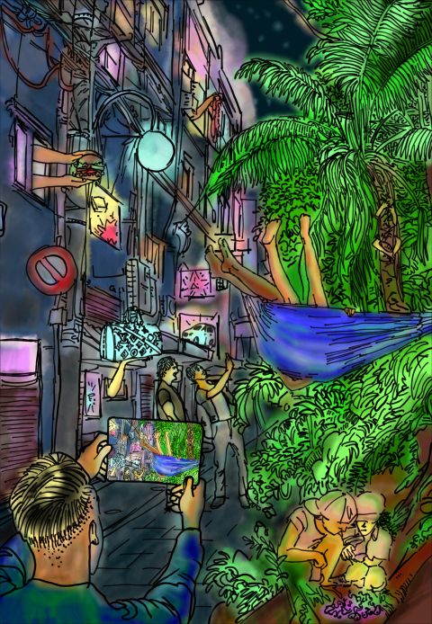 Illustration: utopische Vision eines umweltfreundlichen und begrünten Stadtlebens