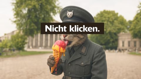 KI-generiertes Bild: eine Katze in Uniform leckt an einem Glace