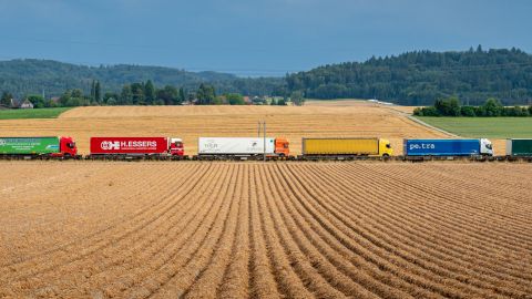 Symbolbild: Lastwagen auf einem Güterzug, welcher in ländlicher Gegend unterwegs ist