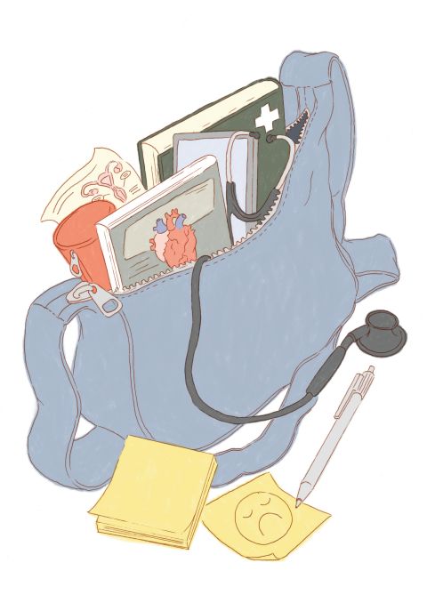 Illustration: eine Tasche mit Alltags-Gegenständen, medizinischen Fachbüchern und einem Stethoskop