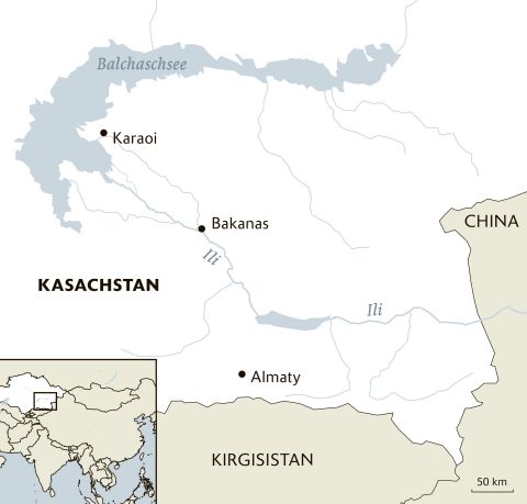Karte des Balchaschsee und Zuflüssen in Kasachstan