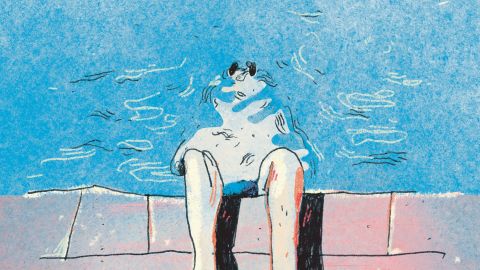 Illustration: eine Person taucht den Körper in ein Gewässer, die Beine ragen aus dem Wasser