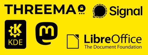 Logos von Threema, Signal, KDE, Mastodon und LibreOffice
