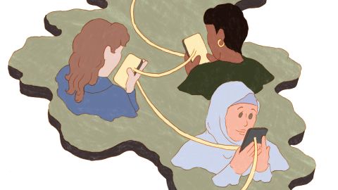 Illustration von Noémie Fatio: Frauen vernetzen sich via Smartphones mit dem Hashtag «#STOPGENDERAPARTHEID»