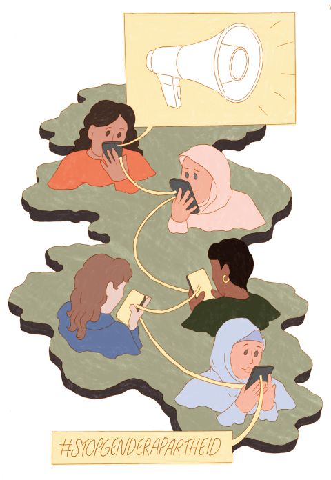 Illustration von Noémie Fatio: Frauen vernetzen sich via Smartphones mit dem Hashtag «#STOPGENDERAPARTHEID»