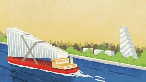 Illustration von Marcel Bamert: ein Schiff transportiert auf dem Rhein einen der Roche-Türme ab
