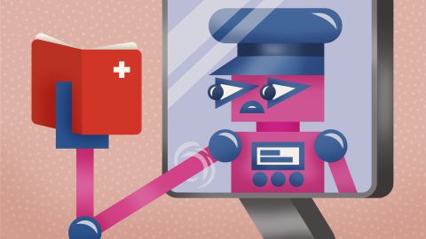 Illustration: ein Behörden-Roboter überprüft einen Schweizer Pass