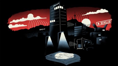 Illustration: Geschäftshaus von NeoSoft und Symbole der Überwachung
