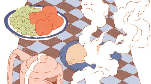Ausschnitt aus einer Illustration von Noémie Fatio: Teegläser, Obst und eine grosse Tee-Kanne auf einer Tischdecke