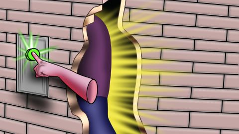 Illustration: abstrakte Darstellung einer Person, welche einen Knopf drückt und dann hinter einer Mauer verschwindet