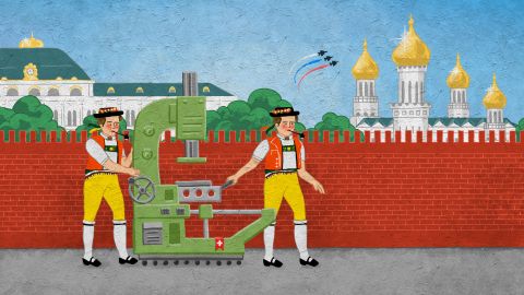 Illustration: zwei Personen in Appenzeller Tracht schieben eine Fertigungsmaschine vor den Mauern des Kreml