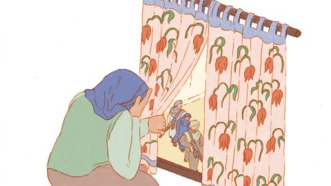 Ausschnitt aus einer Illustration von Noémie Fatio: eine Frau schaut hinter einem Vorhang aus dem Fenster wo Taliban welche eine Frau abführen