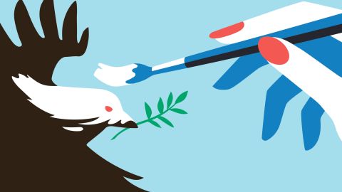 Illustration von Alina Günter: eine Hand bemalt eine schwarze Taube, welche einen Ölzweig trägt, mit weisser Farbe