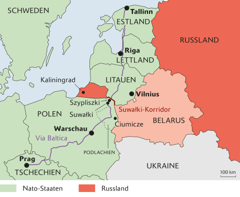 Karte von Osteuropa mit der Zugstrecke von Prag nach Tallinn