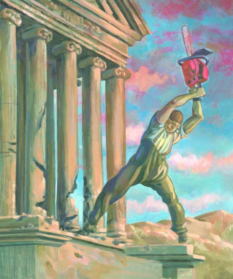Illustration von Andreas Gefe: ein Mann mit Kettensäge zerstört die Säulen eines Gebäudes