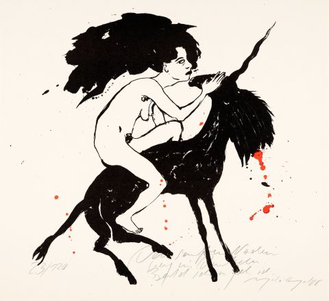 Zeichnung «Weiblicher Akt auf Einhorn» von Angela Hampel