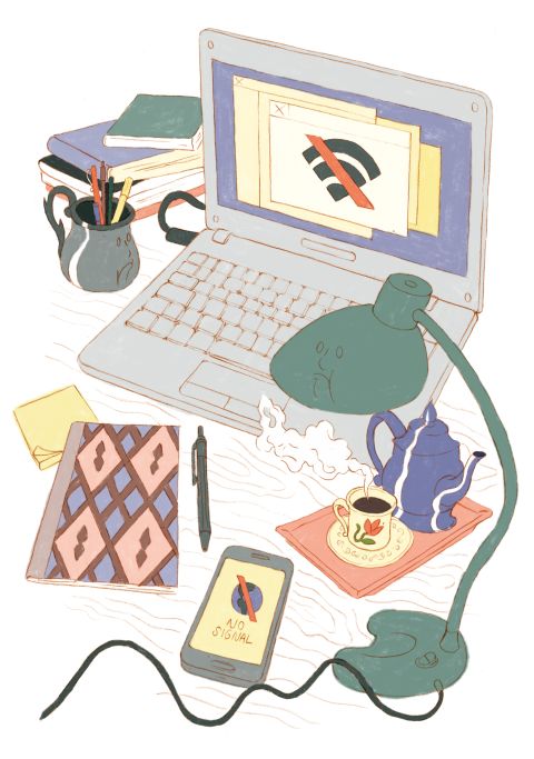 Illustration von Noémie Fatio: eine Schreibtischoberfläche mit Laptop, Stiften, Büchern, Notizpapier, Smartphone, Schreibtischlampe und eine Kanne und Tasse mit Kaffee