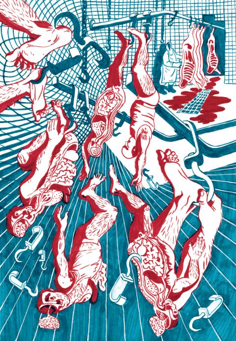Comic von Martin Oesch: ausgenommene Menschen und Tiere hängen in einer Metzgerei