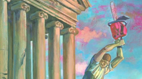 Illustration von Andreas Gefe: ein Mann mit Kettensäge zerstört die Säulen eines Gebäudes