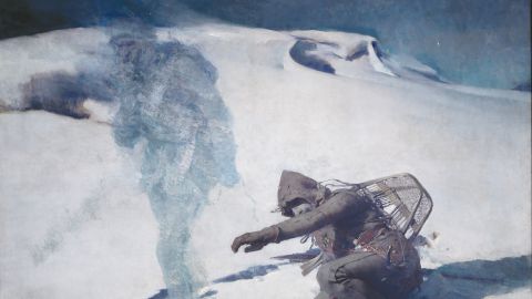 Gemälde «The Phantom Hunter» von William Blair Bruce: eine Person begegnet einem Geist auf einem verschneiten Berg