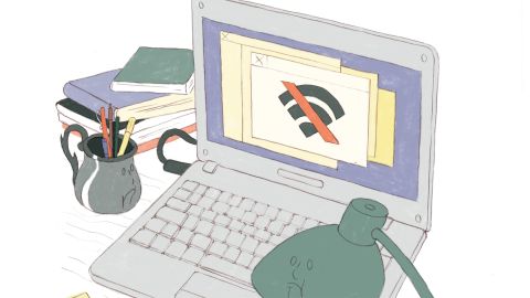 Ausschnitt aus einer Illustration von Noémie Fatio: eine Schreibtischoberfläche mit Laptop, Stiften und Büchern