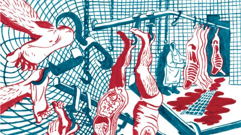 Ausschnitt aus einem Comic von Martin Oesch: ausgenommene Menschen und Tiere hängen in einer Metzgerei