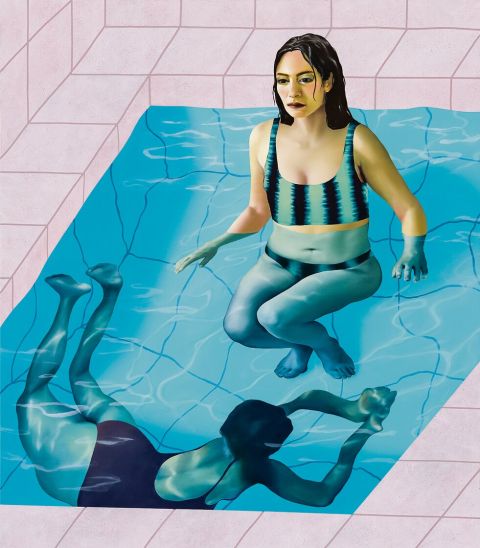 Ellen Akimoto, Not Alone in the Pool, 2025, Öl und Acryl auf Leinwand, 160 × 140 cm