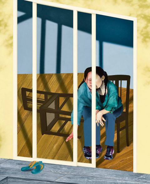 Ellen Akimoto, Sliding Glass Door, 2025, Öl und Acryl auf Leinwand, 220 × 180 cm