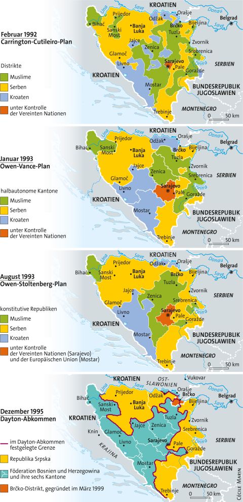 Entwicklung des Grenzverlaufs in Bosnien-Herzegowina während des Krieges 1992 bis 1995