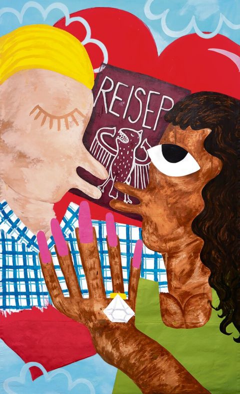 Ximena Ferrer Pizarro, Love of my visa, 2024, Acryl auf Leinwand, 350 × 200 cm