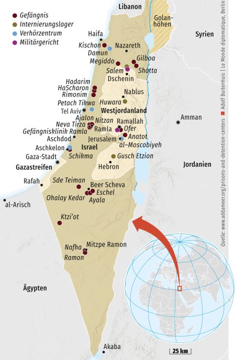 Karte mit Gefängnissen, Internierungslagern, Verhörzentren und Militärgerichten in Israel-Palästina