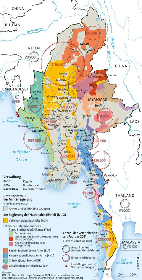Karte von Myanmar und umliegenden Ländern: Gebietsaufteilungen, Militär und Milizen, Vertriebene
