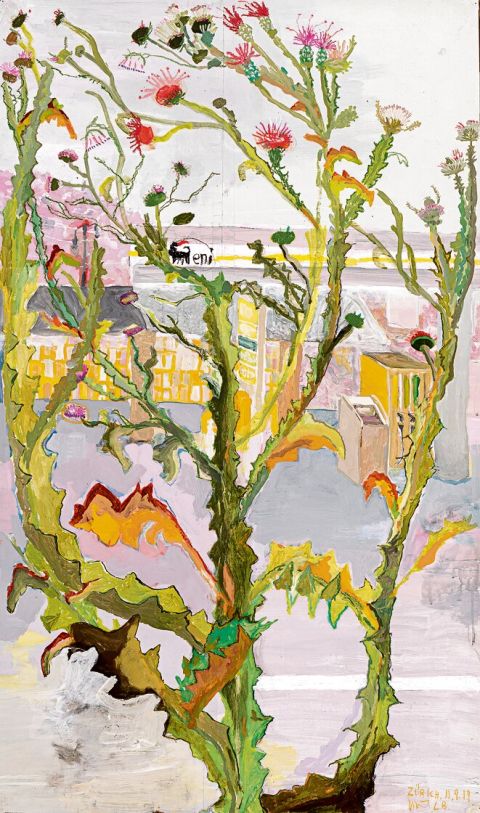 Malerduo Bošković-Scarth, Distel (Untersee), 2019, Acryl und Wachspastell auf Papier, 115 × 68 cm