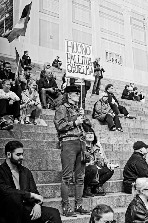Helsinki, Mai 2025: Protest gegen das „schlechte Regierungsprogramm“ (huono hallitus ohjelma)