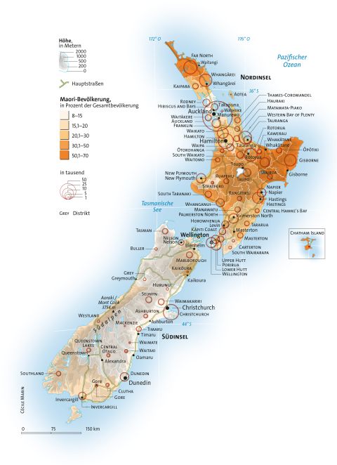 Karte von Neuseeland: die Nord- und Südinsel, Anteil der Maori-Bevölkerung, Städte, Strassen