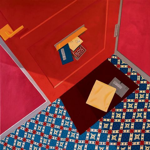  Lotte Keijzer, More to Recycle, 2022, Acrylfarben und Buntstift auf Holzplatte, 120 × 120 cm