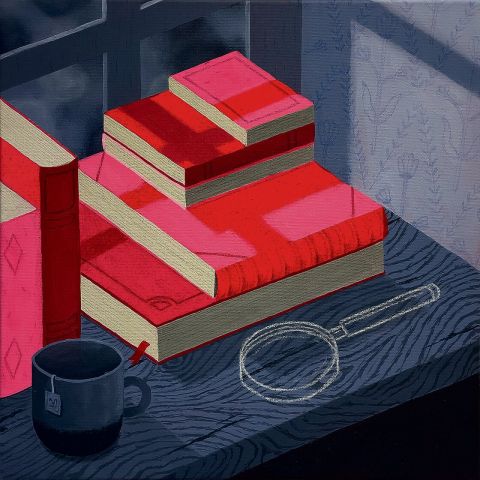 Lotte Keijzer, The Intellectual, 2025, Acrylfarbe und Buntstifte auf Leinwand, 50 × 50 cm