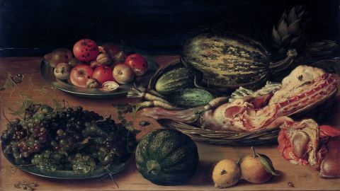 Symbolbild: Ausschnitt aus einer Stilleben-Malerei mit Früchten, Gemüse und Fleisch auf einem Tisch