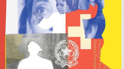 Illustration mit Gesichtern und Elementen aus Pässen