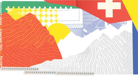 Illustration einer Landschaft mit Elementen aus dem Schweizer Pass