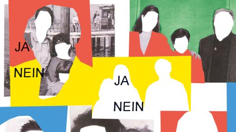 Illustration: Kollage von Portraitfotos mit ausgeschnittenen Gesichtern