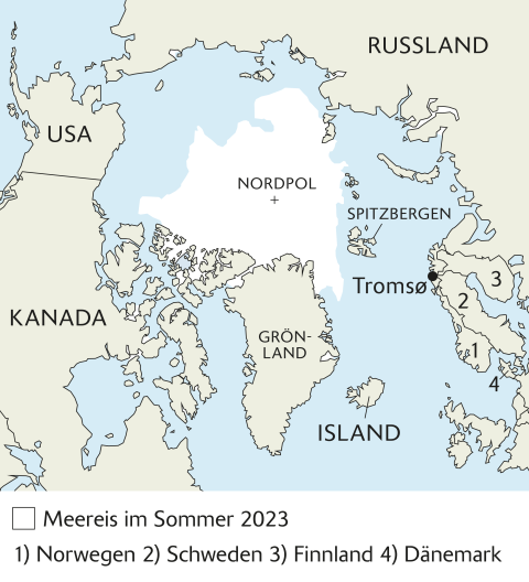 Karte der Arktis-Region mit Meereis-Ausdehnung im Sommer 2023 und umliegenden Ländern