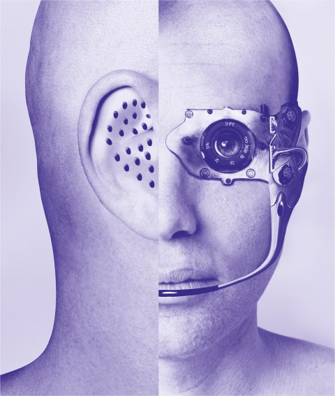 Fotomontage: zwei Köpfe bei welchen die Sinnesorgane durch Technik ersetzt wurden